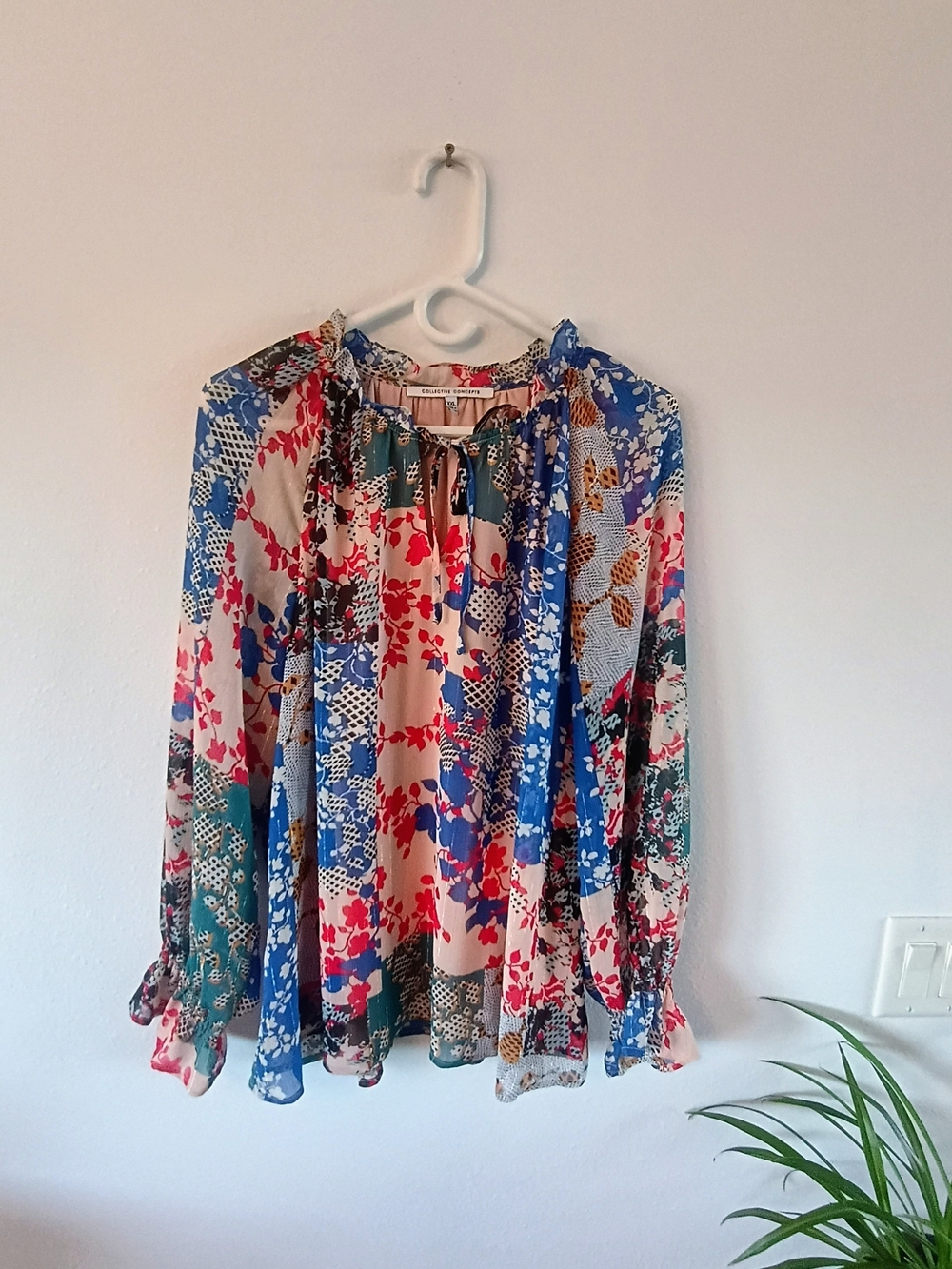 💙 Collective Concepts Floral Blouse XXL Patchwork Metallic Boho Ruffle Sheer Sl